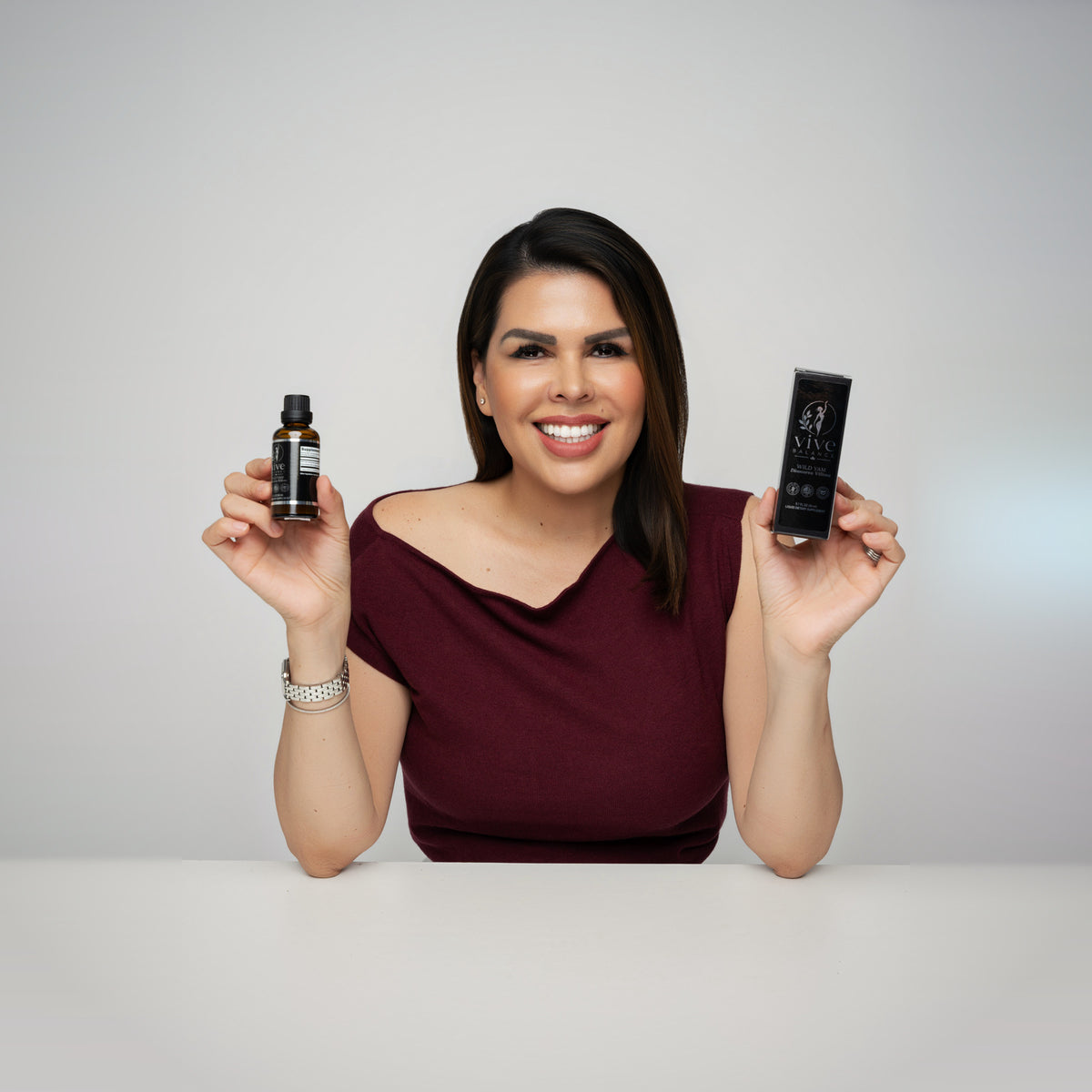 Tere holding Vive Balance wild yam drops