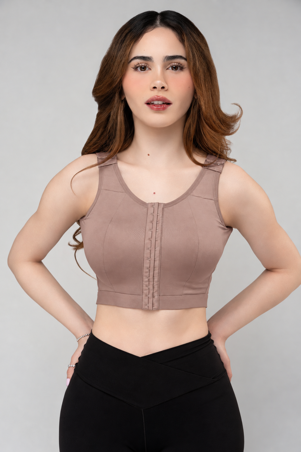 Cocoa — front · Front-Closure Compression Recovery Bra
