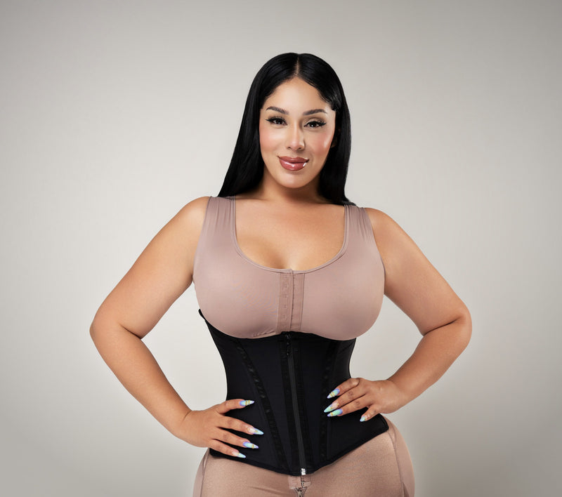 Cocoa waist trainer worn over everyday shapewear, back view